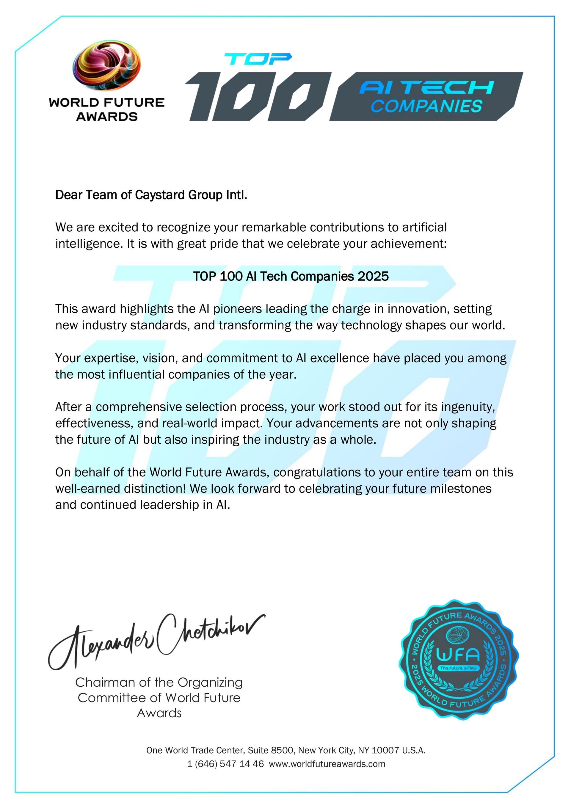 Caystard Group Intl. Named Among Top 100 AI Tech Companies of 2025